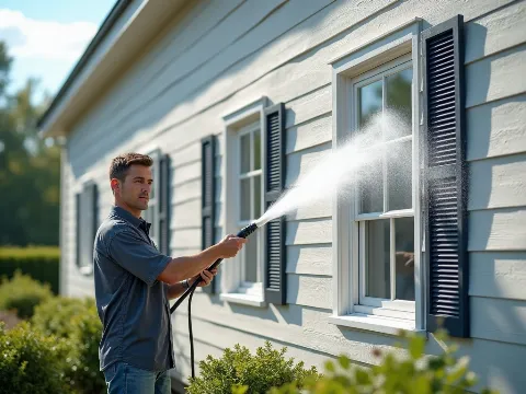 Professional cleaning team soft washing a house exterior