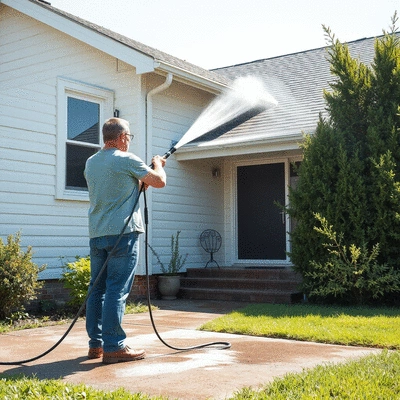 User washing a house exterior