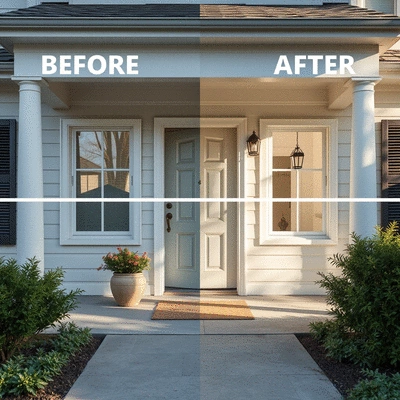 Home exterior before and after cleaning